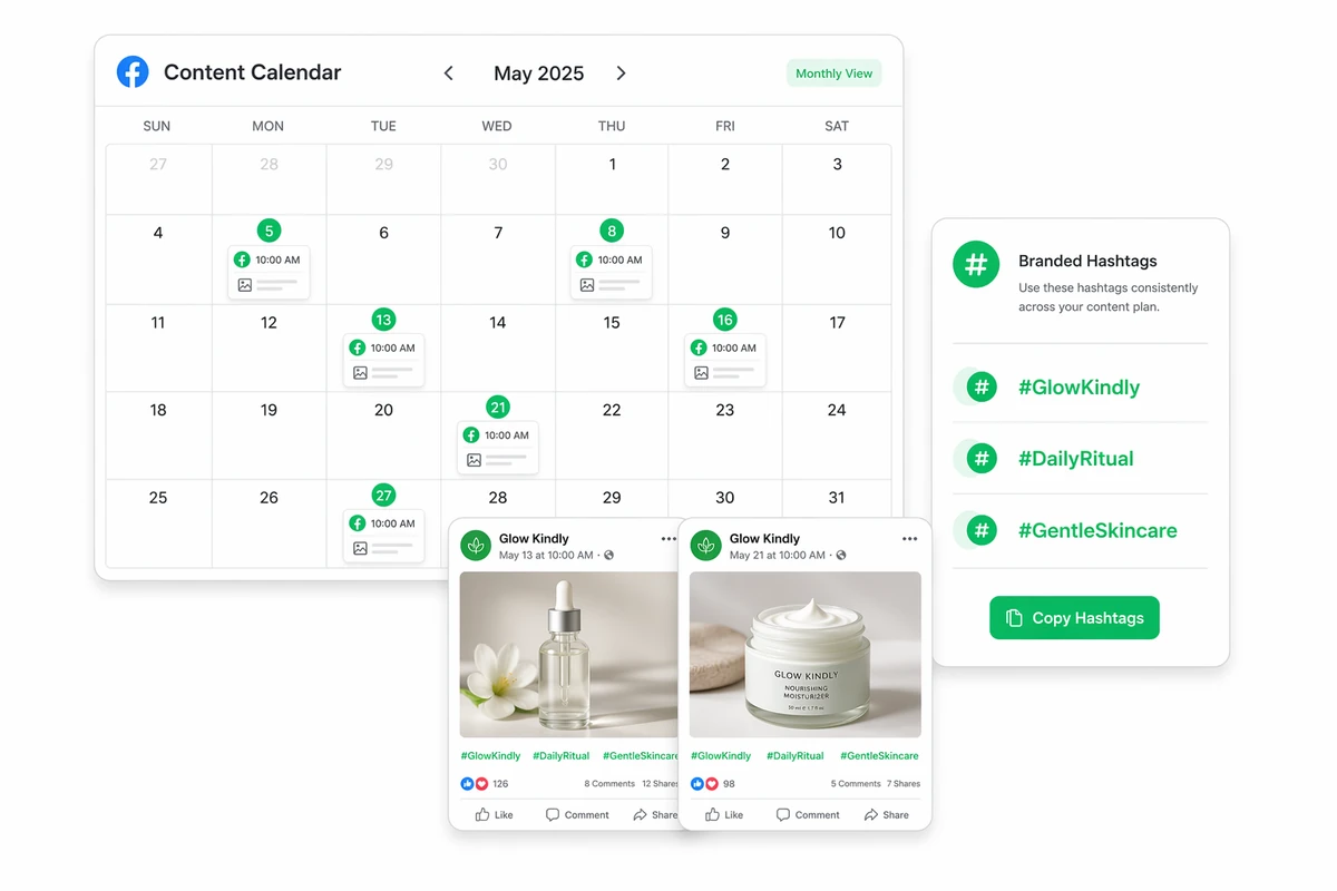 A monthly content calendar with skincare campaign posts and a branded hashtag library