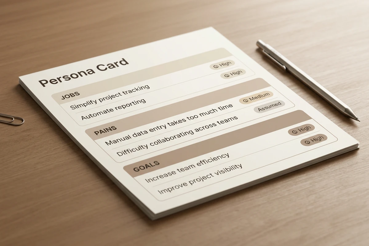 User persona card with Jobs, Pains, and Goals sections, each tagged High, Medium, or Assumed confidence labels.