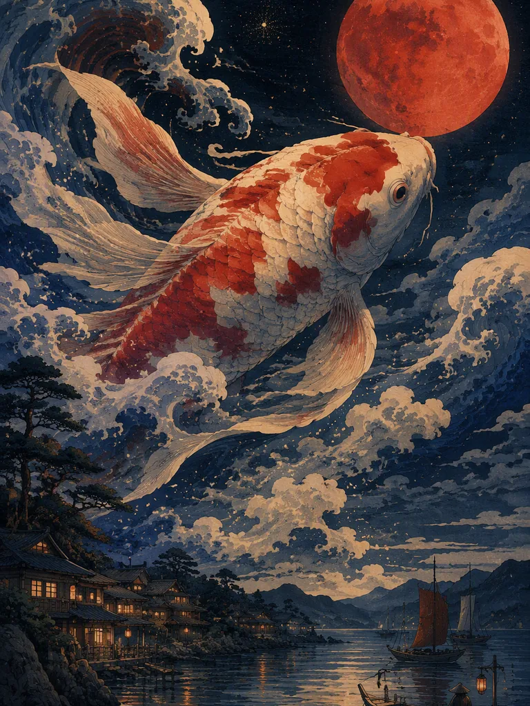 Giant koi swimming through a night sky above a fishing village in a Japanese woodblock style.