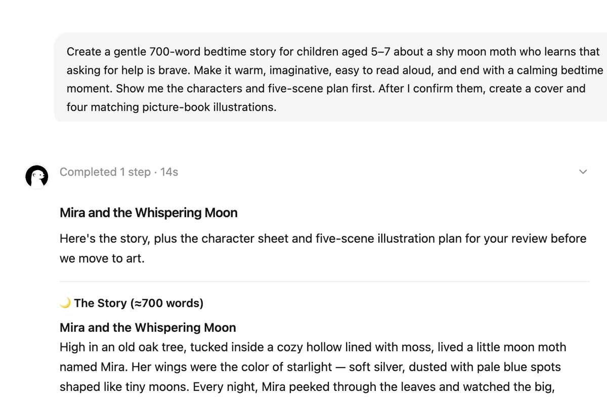 Ottermind generating the bedtime story Mira and the Whispering Moon from a natural-language prompt, with a character sheet and five-scene plan