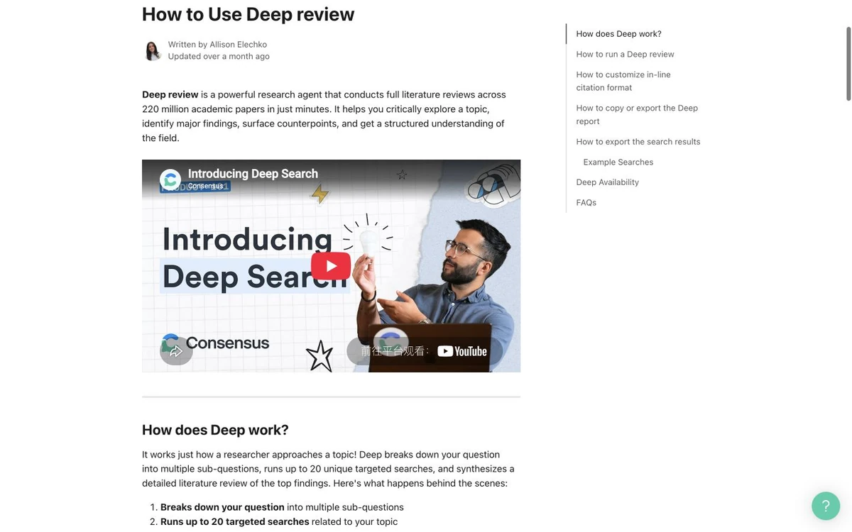 Consensus Deep review help page showing a structured literature review workflow and cited evidence