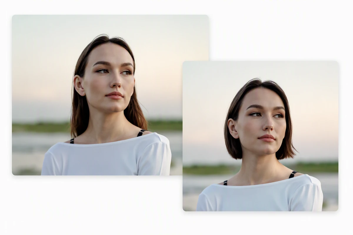 Same adult woman before and after changing long hair to a chin-length bob