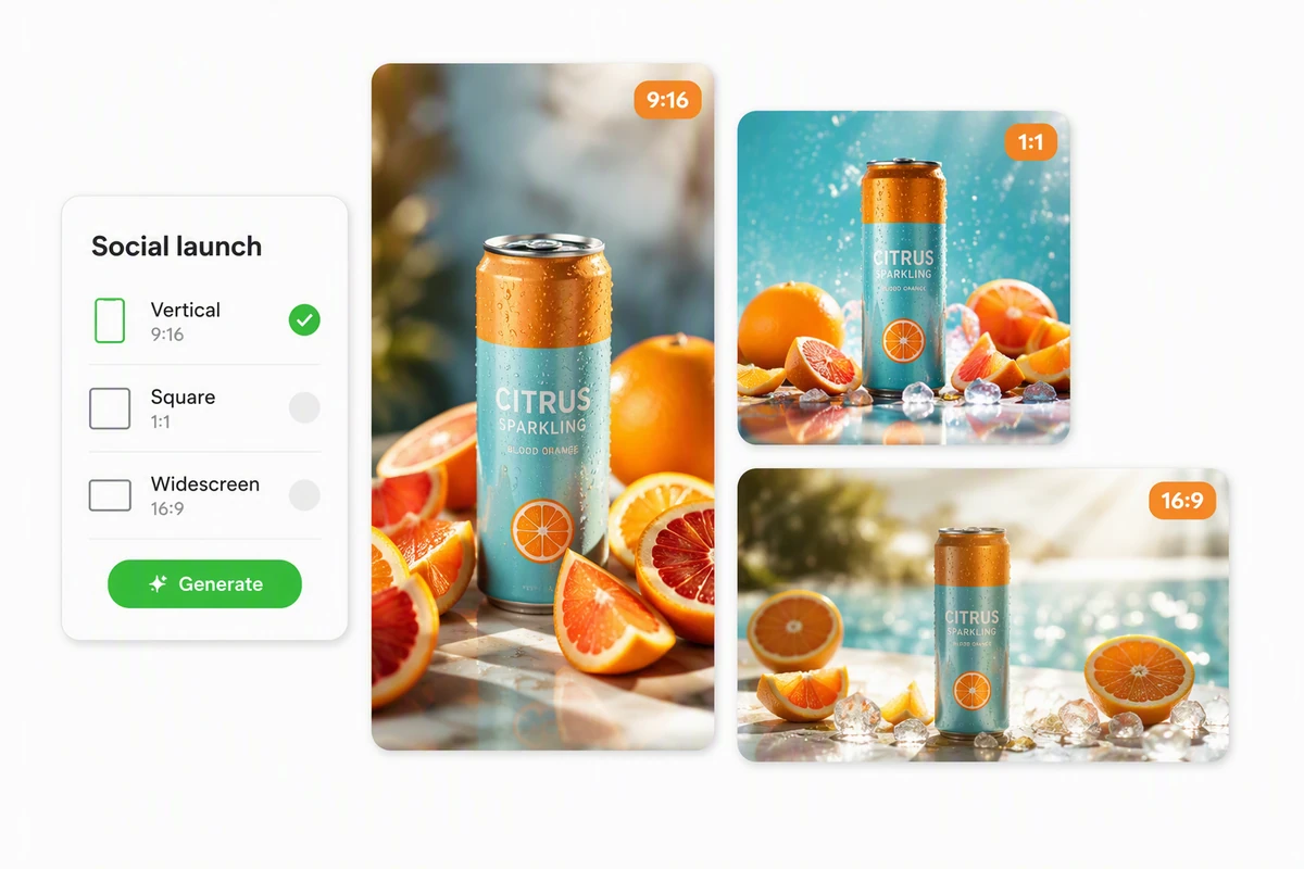 A product image interpreted as vertical, square, and widescreen videos