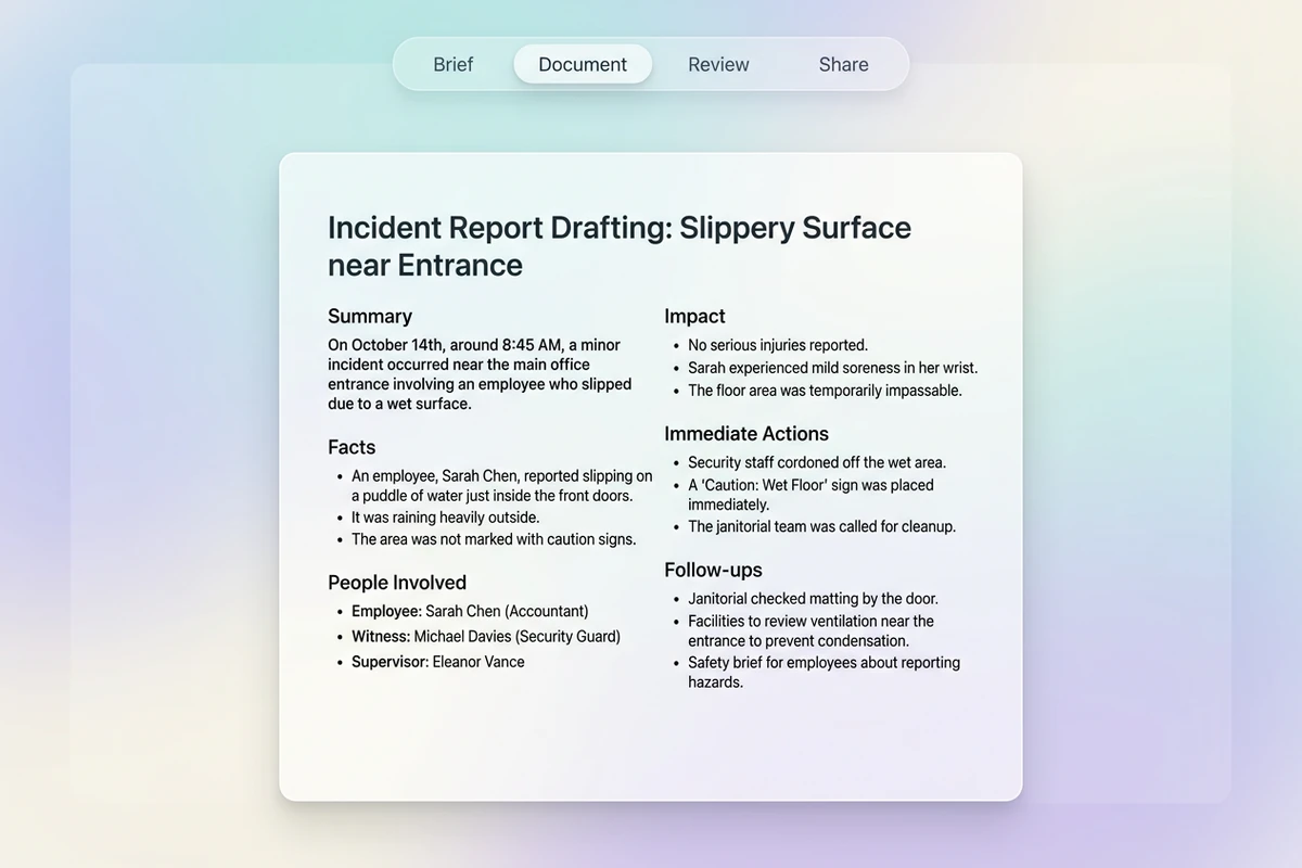 Espace doux avec bande Brief–Documenter–Revoir–Partager et rapport structuré avec Faits, Impact et Actions.