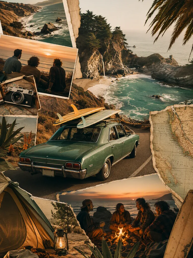 Coastal road trip collage with a vintage green car, surfboards, rocky cove, campsite, and friends by a fire