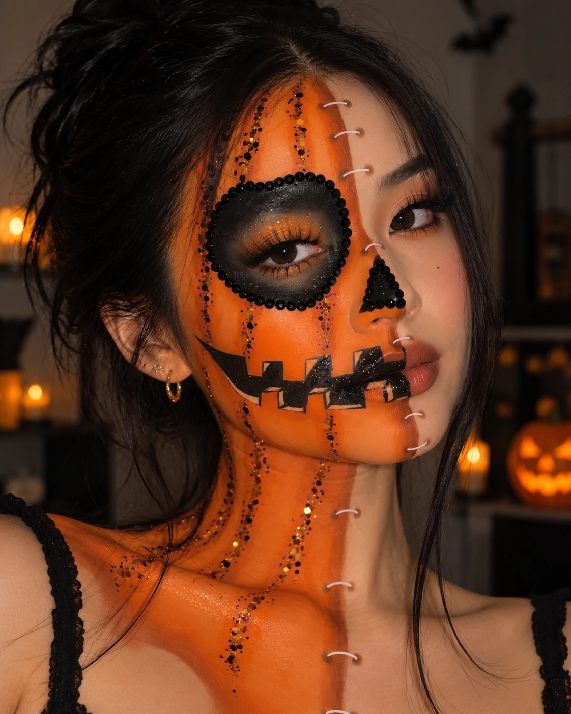 Orange skull face paint with stitching
