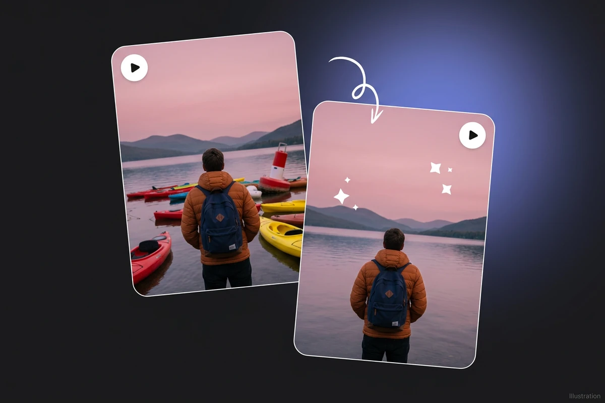 Illustrative tilted portrait frames of a traveler beside a lake, with a conceptual kayak and buoy removal.