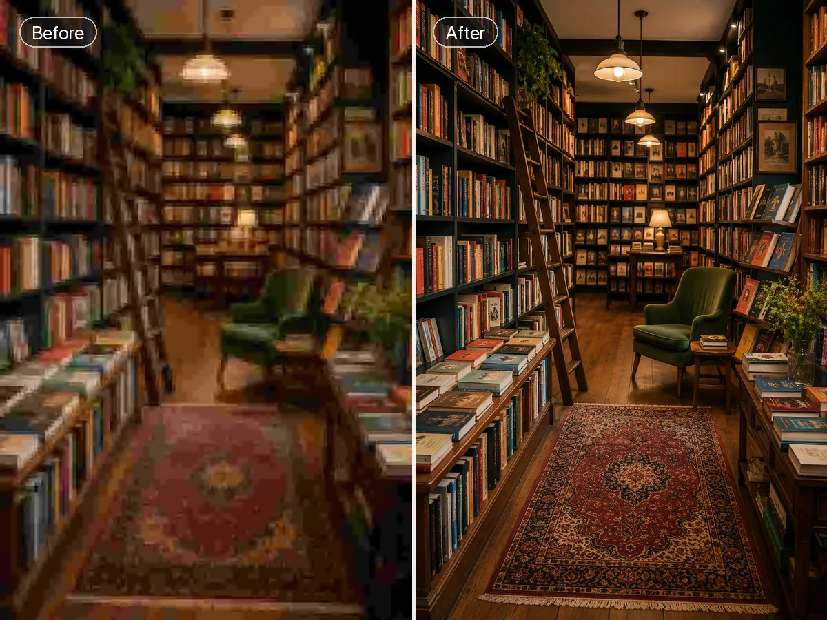 Before-and-after of a colorful bookstore, heavily compressed on the left and finely detailed on the right.