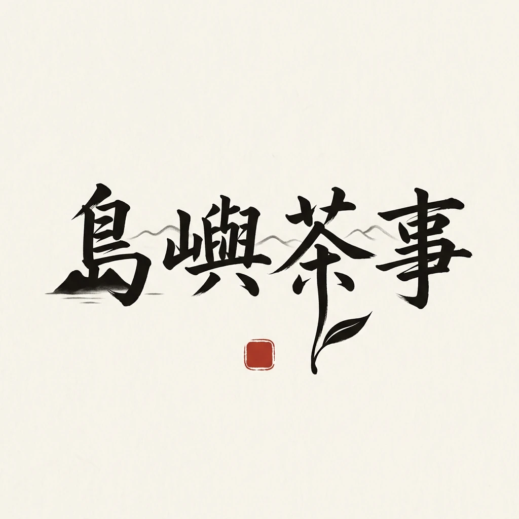 島嶼茶事黑色毛筆字標結合島嶼山形、茶葉線條和朱紅印記