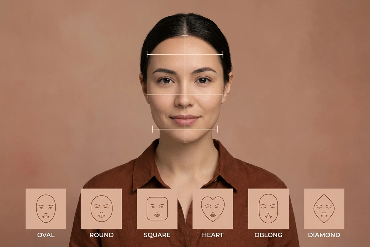 Woman with thin measurement guide lines across her forehead, cheekbones and jaw plus a vertical length line, above six small face-shape outline tiles.