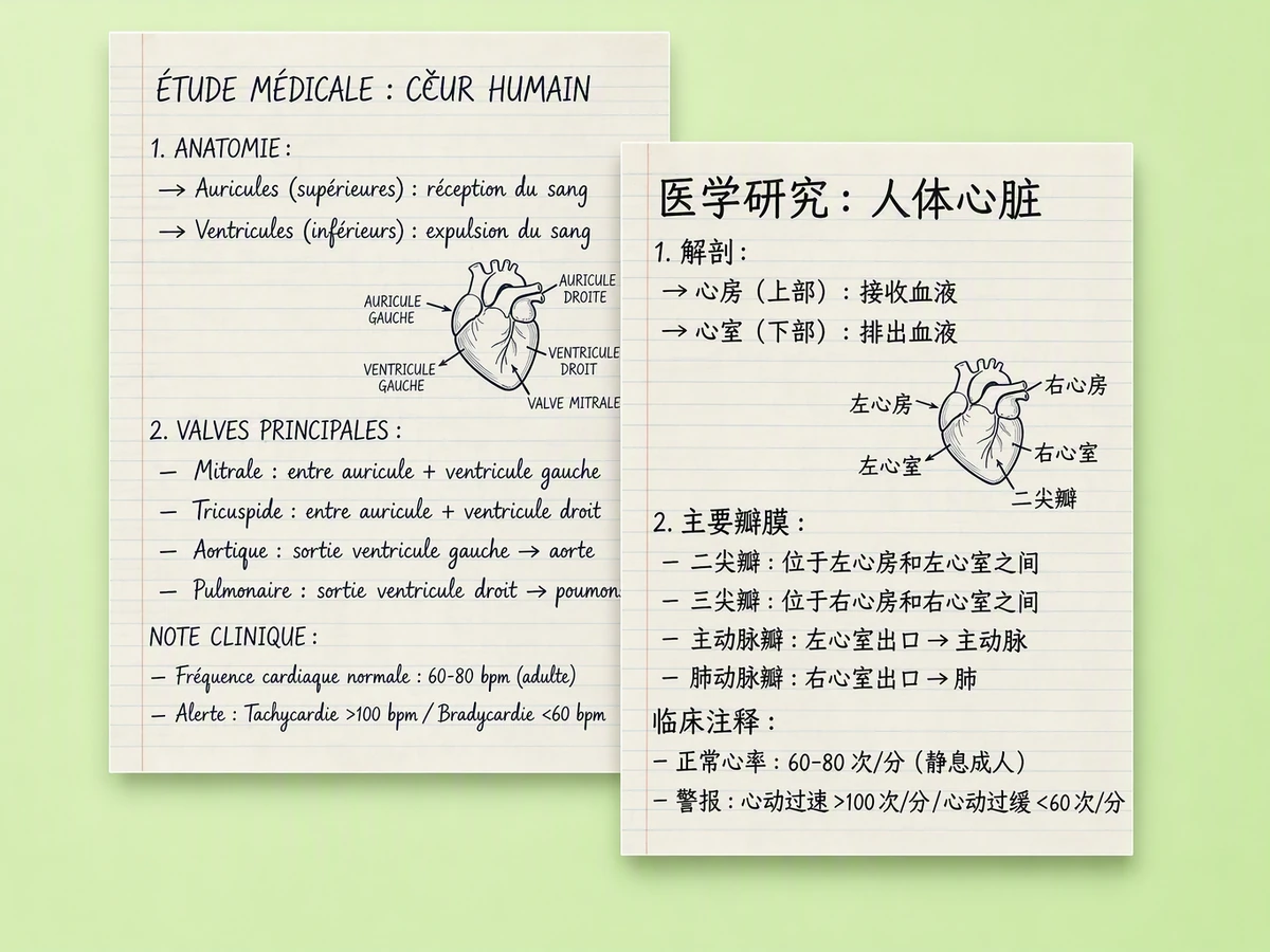 Overlapping French and Simplified Chinese medical study notes with the same heart diagram.