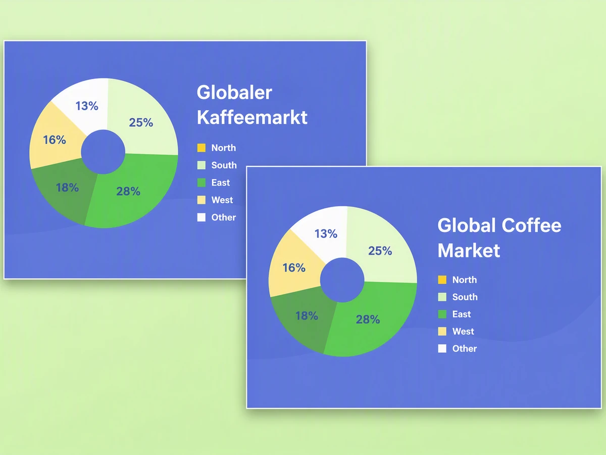 Overlapping German and English presentation slides with the same coffee market donut chart.