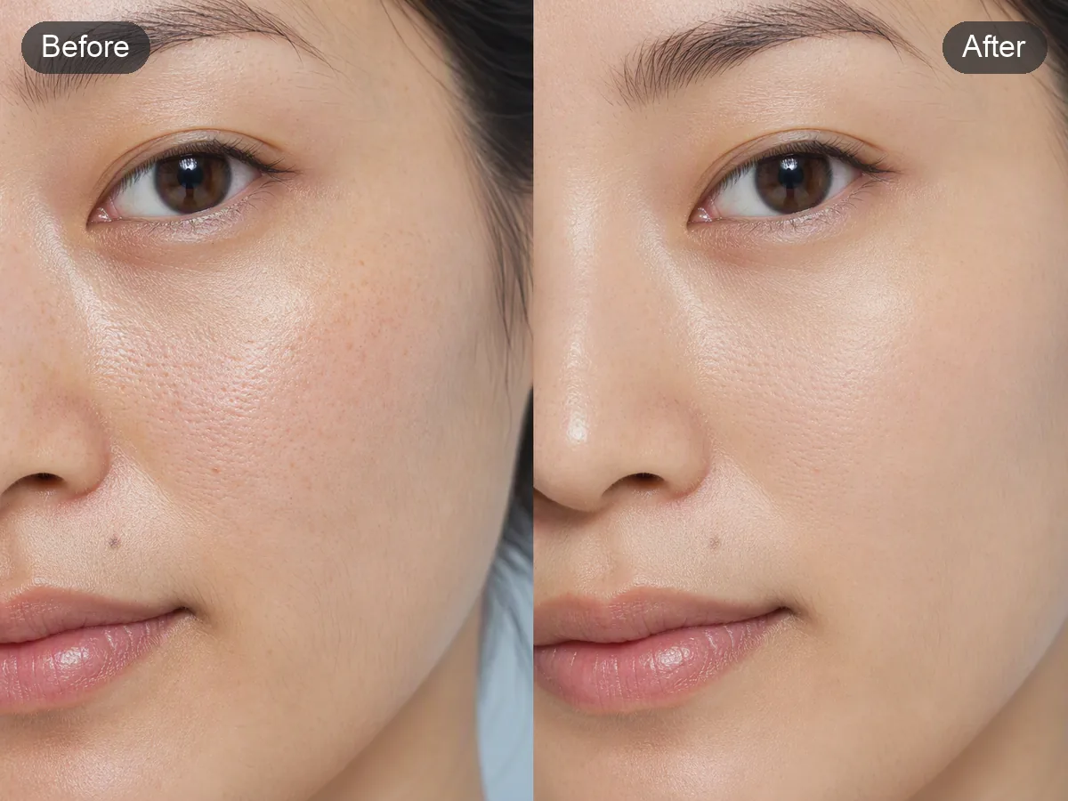 Close facial-detail before-and-after retouching comparison showing reduced shine and redness