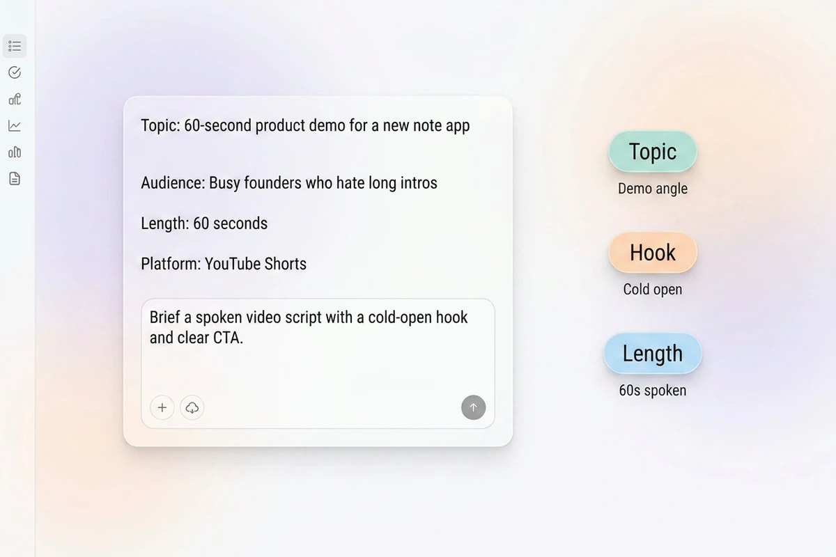Asymmetric soft composer with topic, audience, length, and platform fields beside Topic, Hook, and Length chips.