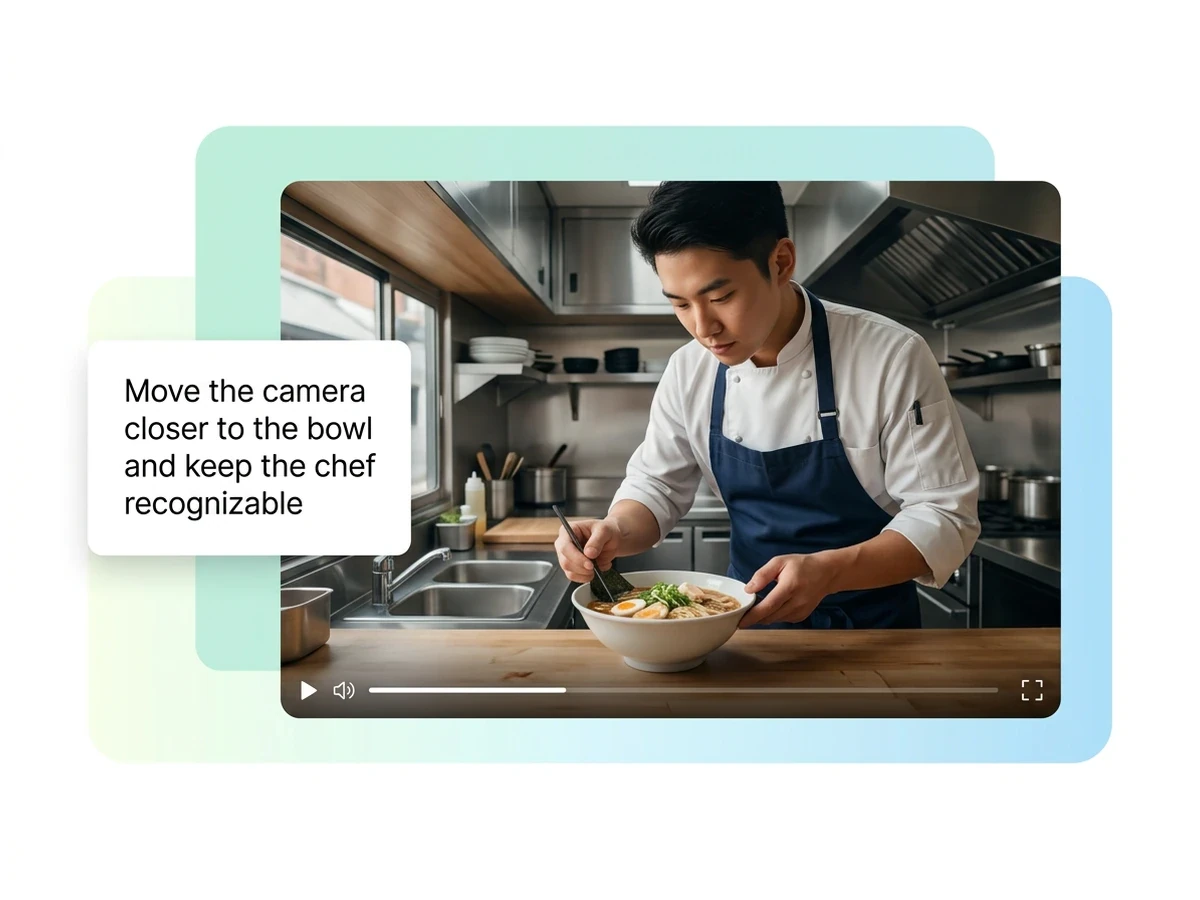 Illustrated chef clip with a prompt to move the camera closer to the bowl while keeping the chef recognizable.