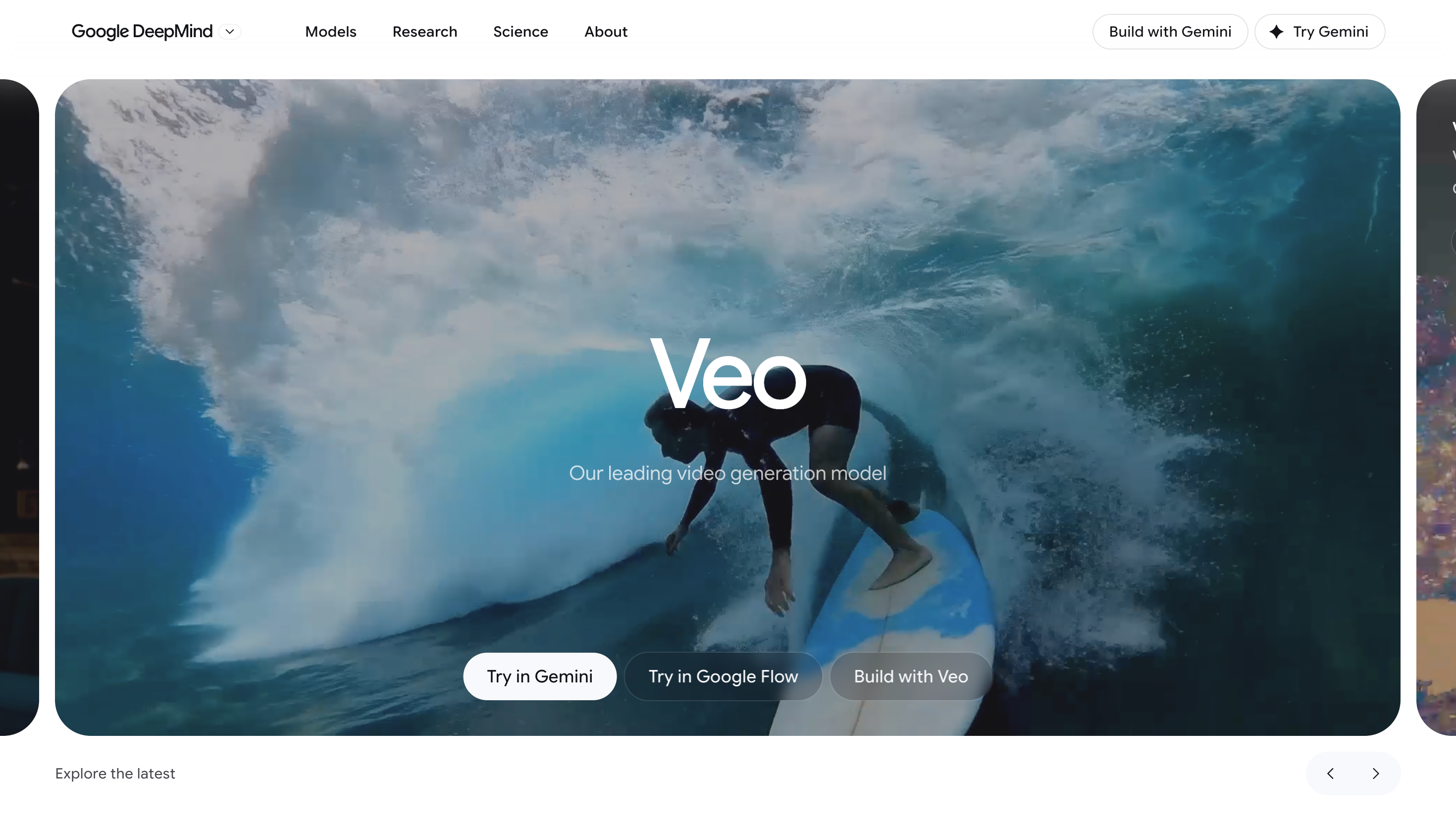 Google DeepMind Veo page showing the video generation model and hero visual