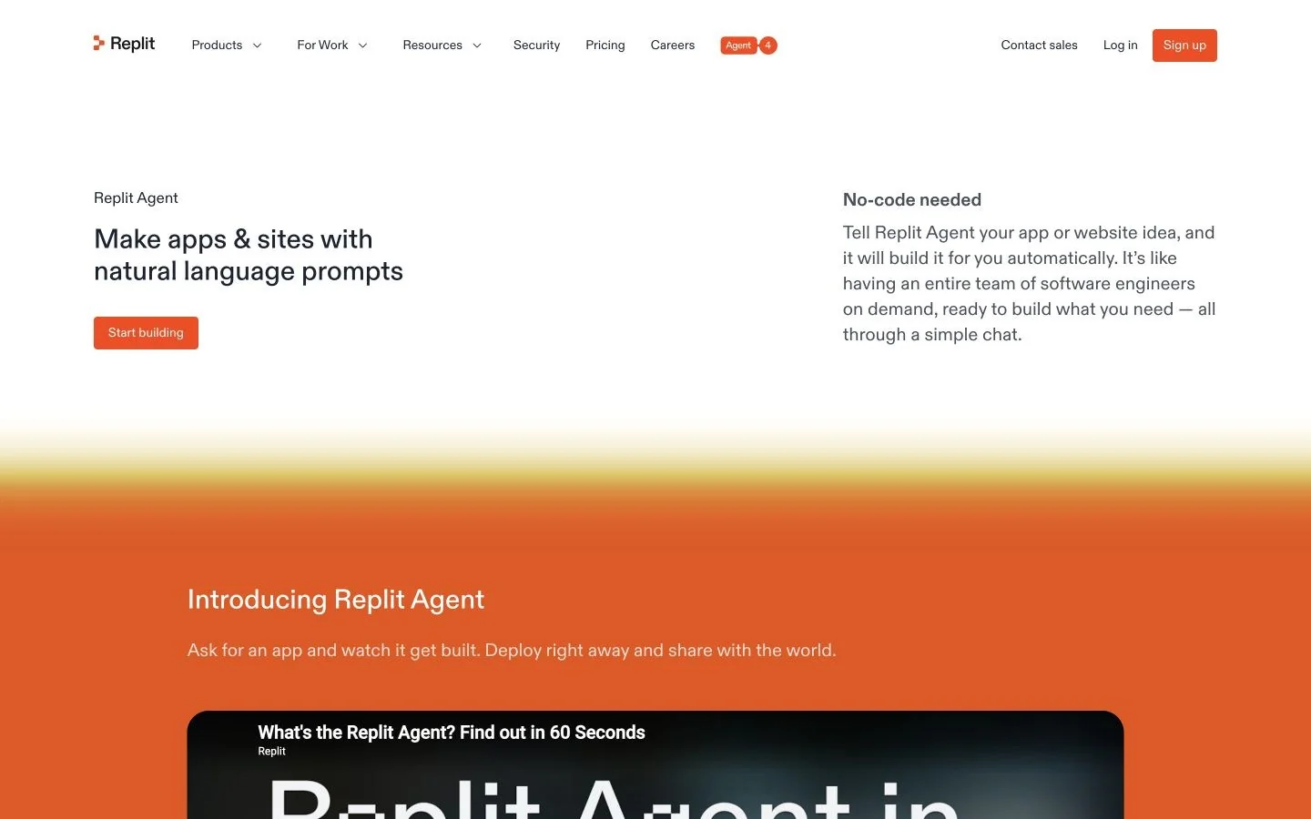 Replit Agent homepage showing app and site creation from natural language prompts