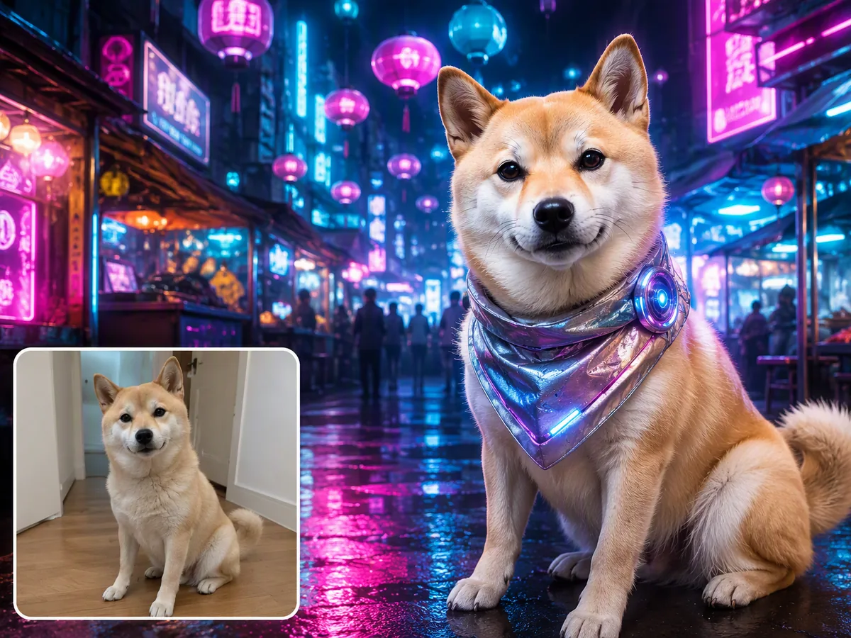 Before-and-after portrait of a cream Shiba Inu in a futuristic neon night market, with the apartment photo inset.