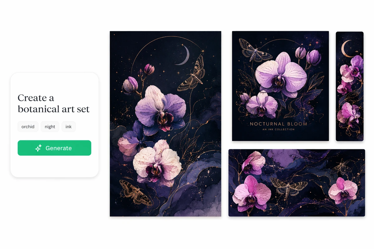 A coordinated botanical art set across a poster, album cover, bookmark, and banner
