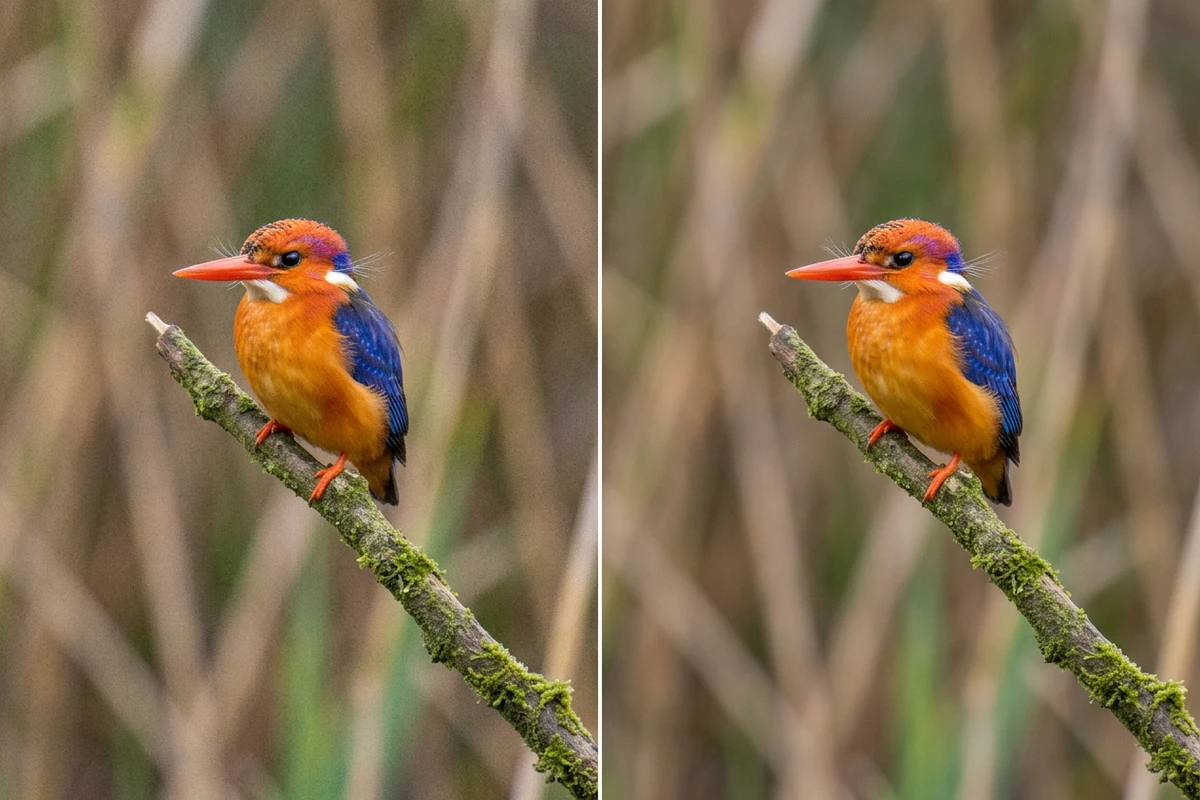 Illustrative kingfisher comparison showing visible grain on the left and less noise on the right, with feather and branch textures visible.
