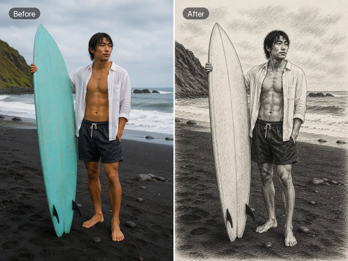 黑沙滩冲浪者與冲浪板的左右对比：左側照片，右側為炭笔與铅笔畫。