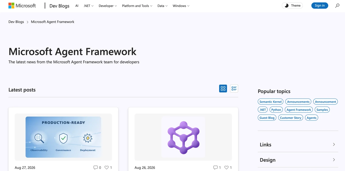 Microsoft Agent Framework 頁面展示開發者 Agent 框架
