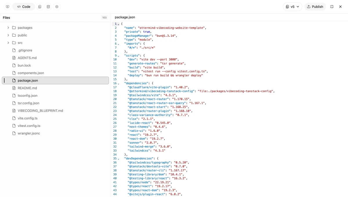 Ottermind writing a website project in its integrated code workspace