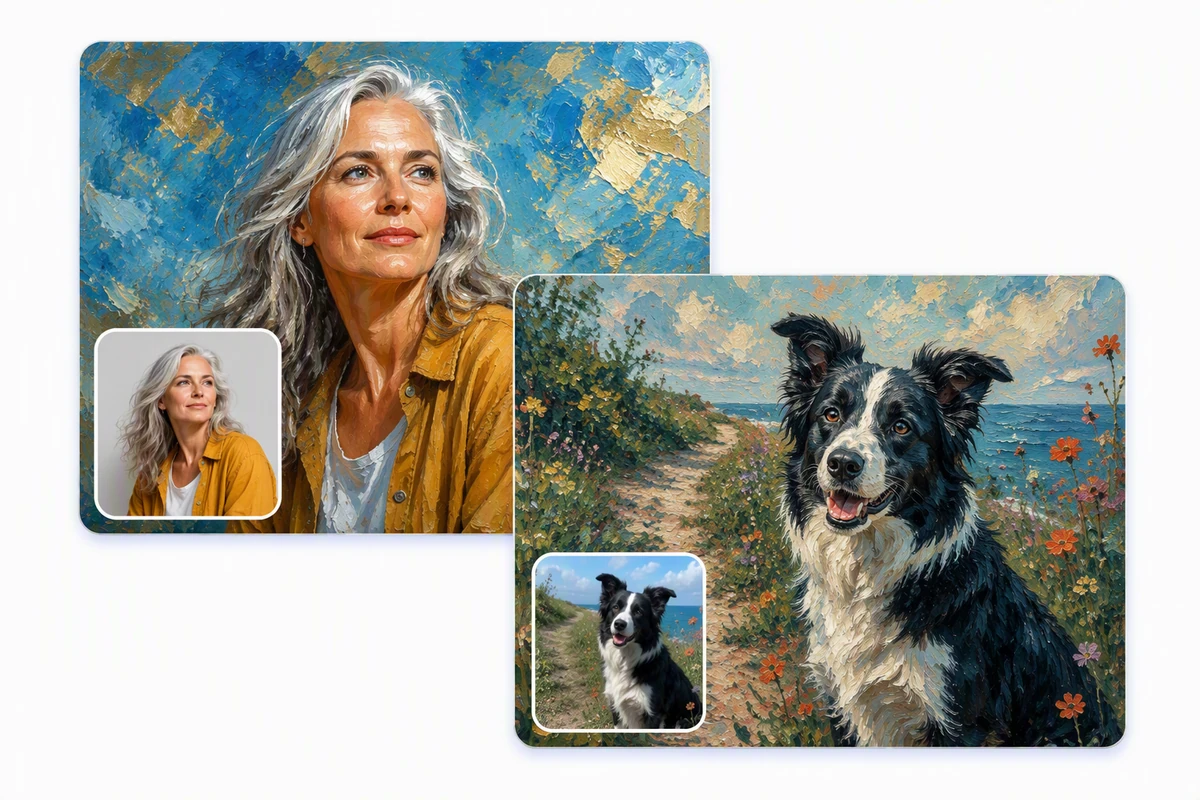 A silver-haired woman and border collie shown as matching photographs and textured oil paintings