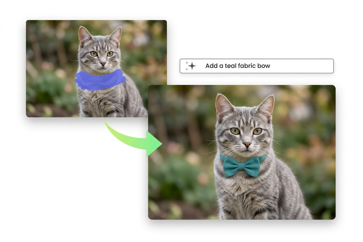 A selected area around a gray tabby cat’s neck leads to a portrait of the same cat wearing a teal bow.