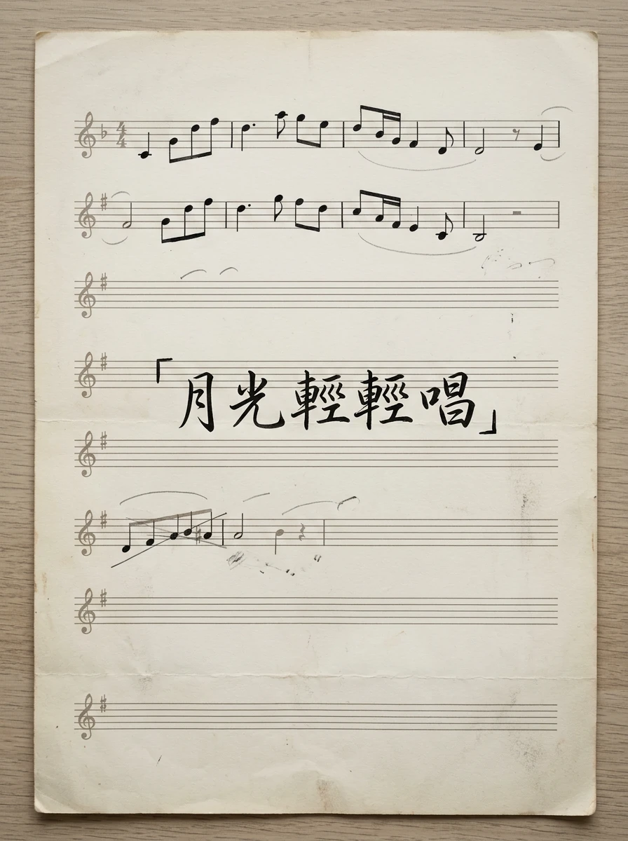 月光輕輕唱以自然黑色手寫字呈現在帶音符與鉛筆痕跡的米白樂譜紙上