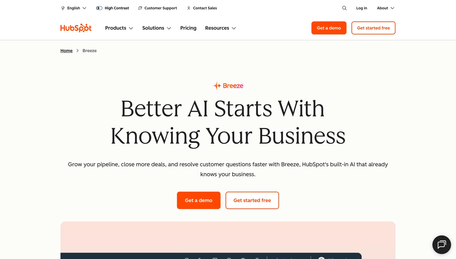 HubSpot Breeze Agents page showing CRM-native agents for marketing, sales, and service