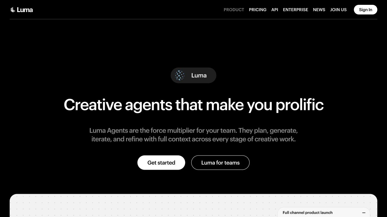 Luma Dream Machine page showing its AI video generation experience and hero media
