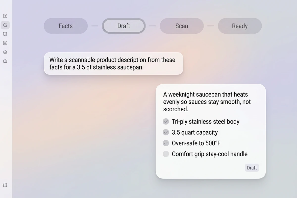 Soft workspace with Facts–Draft–Scan–Ready beat strip and a scannable product description draft.