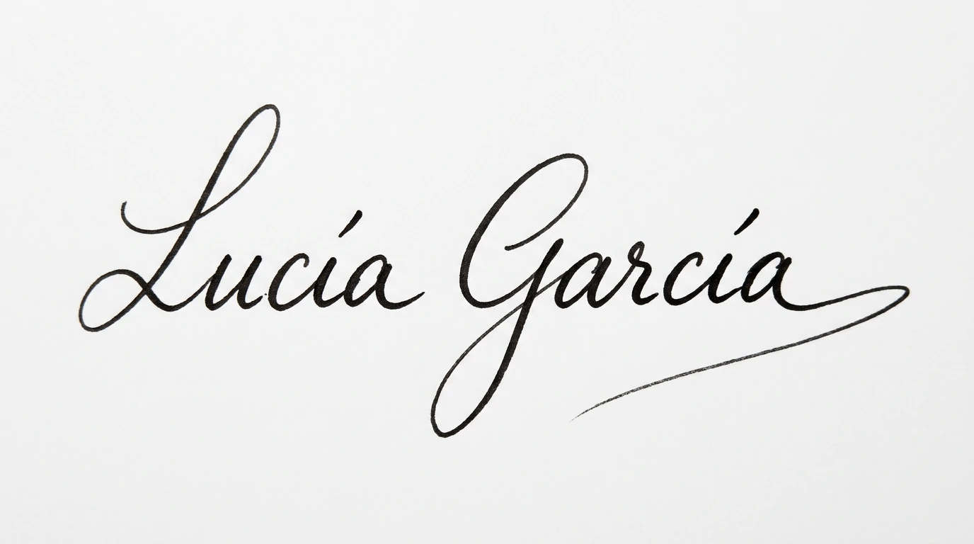 Firma Lucía García en letra cursiva negra con un remate largo sobre fondo blanco