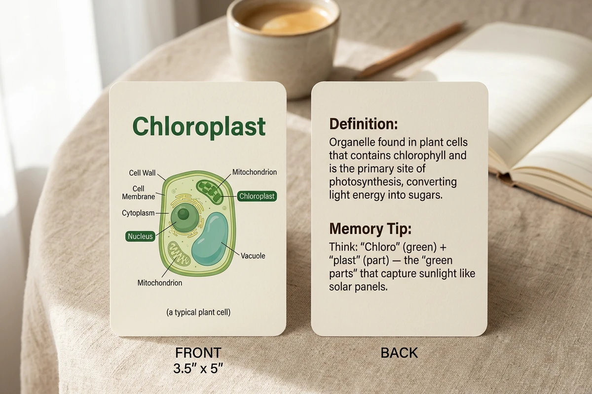 Frente e verso de um flashcard de célula vegetal: célula ilustrada com legendas na frente, definição curta no verso