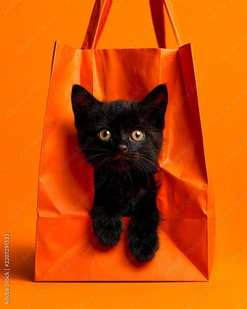 Black Kitten Peeking Out of Orange Bag