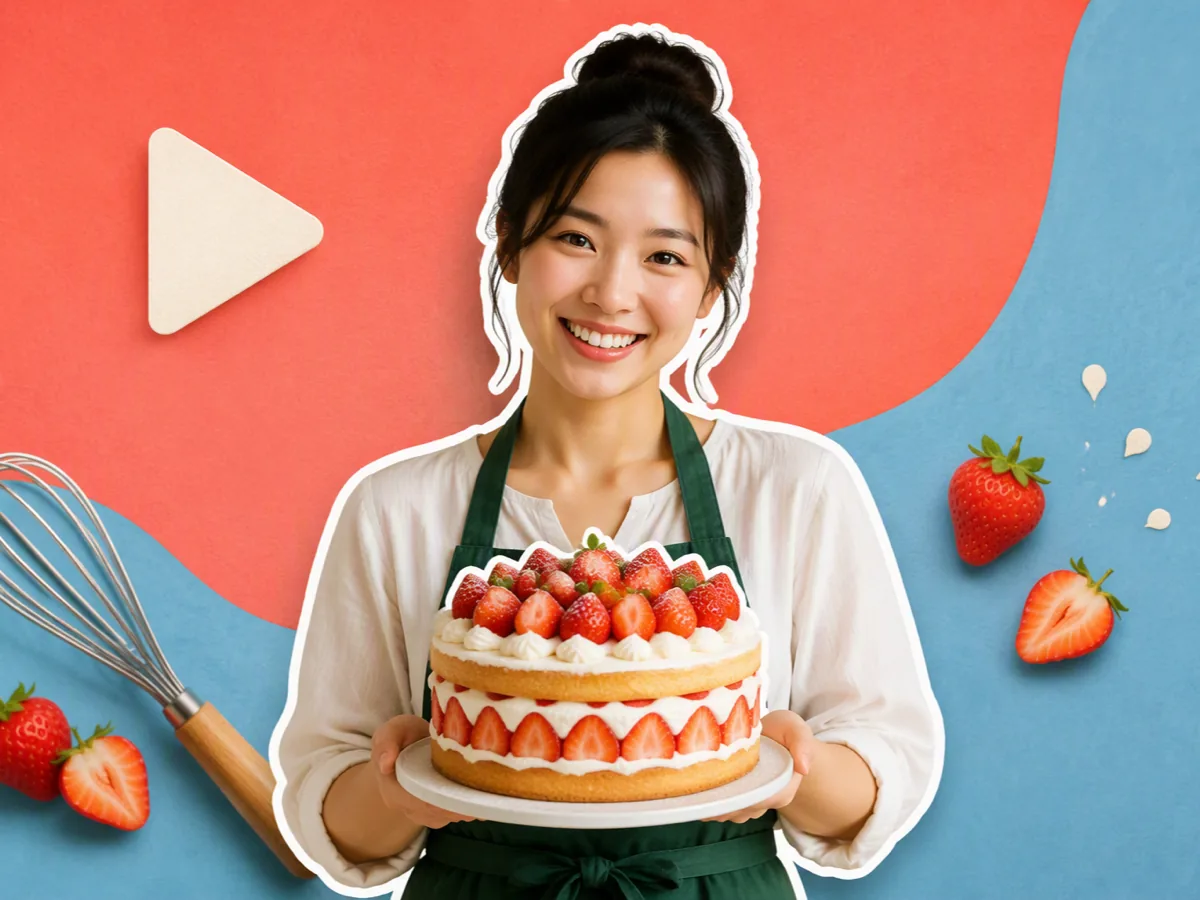 East Asian baker holding a strawberry cake with a crisp white outline in a colorful video-cover design.