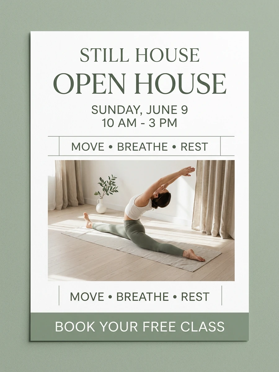 Aydınlık bir yoga stüdyosunda esneyen bir kişiyi gösteren ada çayı yeşili ve beyaz Still House açık gün el ilanı.