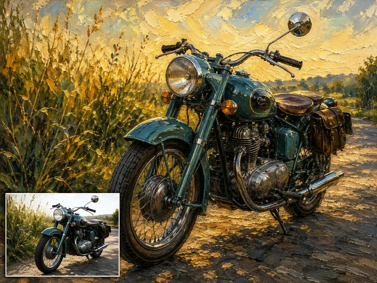 Before-and-after photo-to-oil-painting comparison of a vintage teal motorcycle on a country road, with the original photo inset at bottom left.