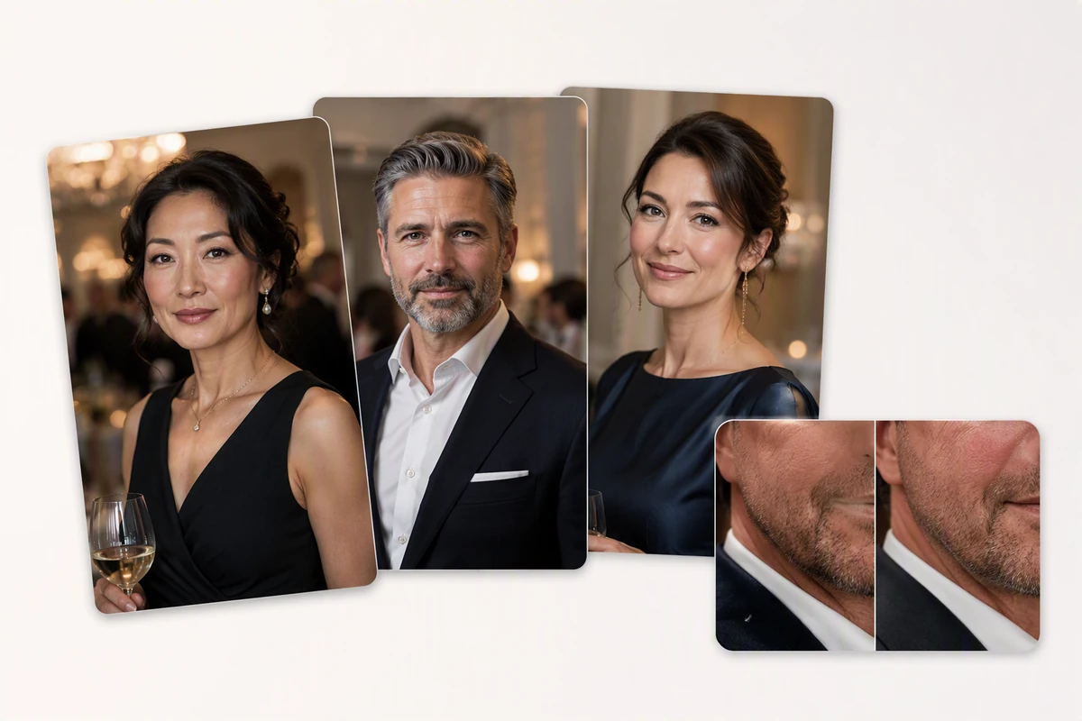 Three coordinated event portraits and a subtle facial detail comparison demonstrate consistent natural retouching criteria
