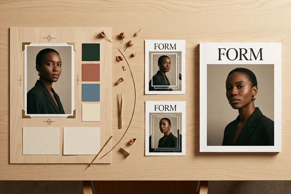 A portrait moodboard progresses through two studies to a finished FORM magazine cover on a wooden design desk.