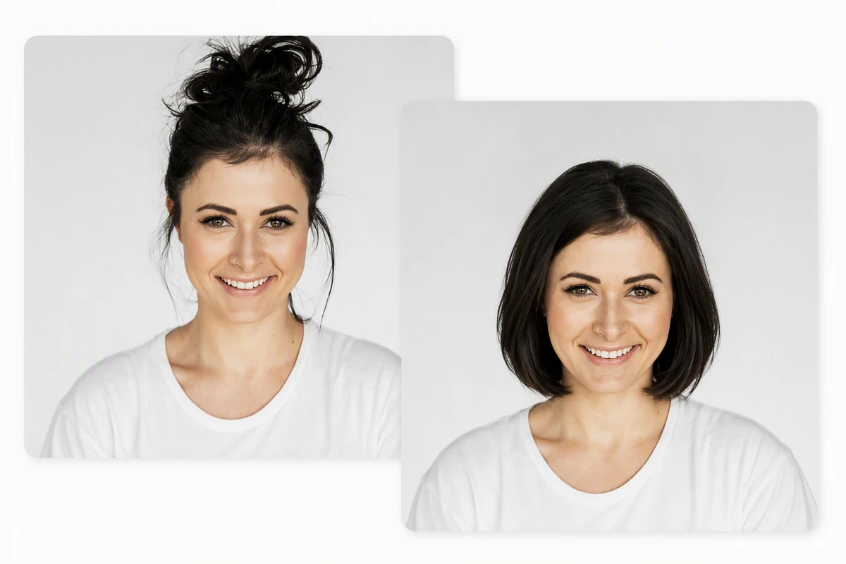 Same adult woman with a high bun and a jaw-length bob for salon comparison