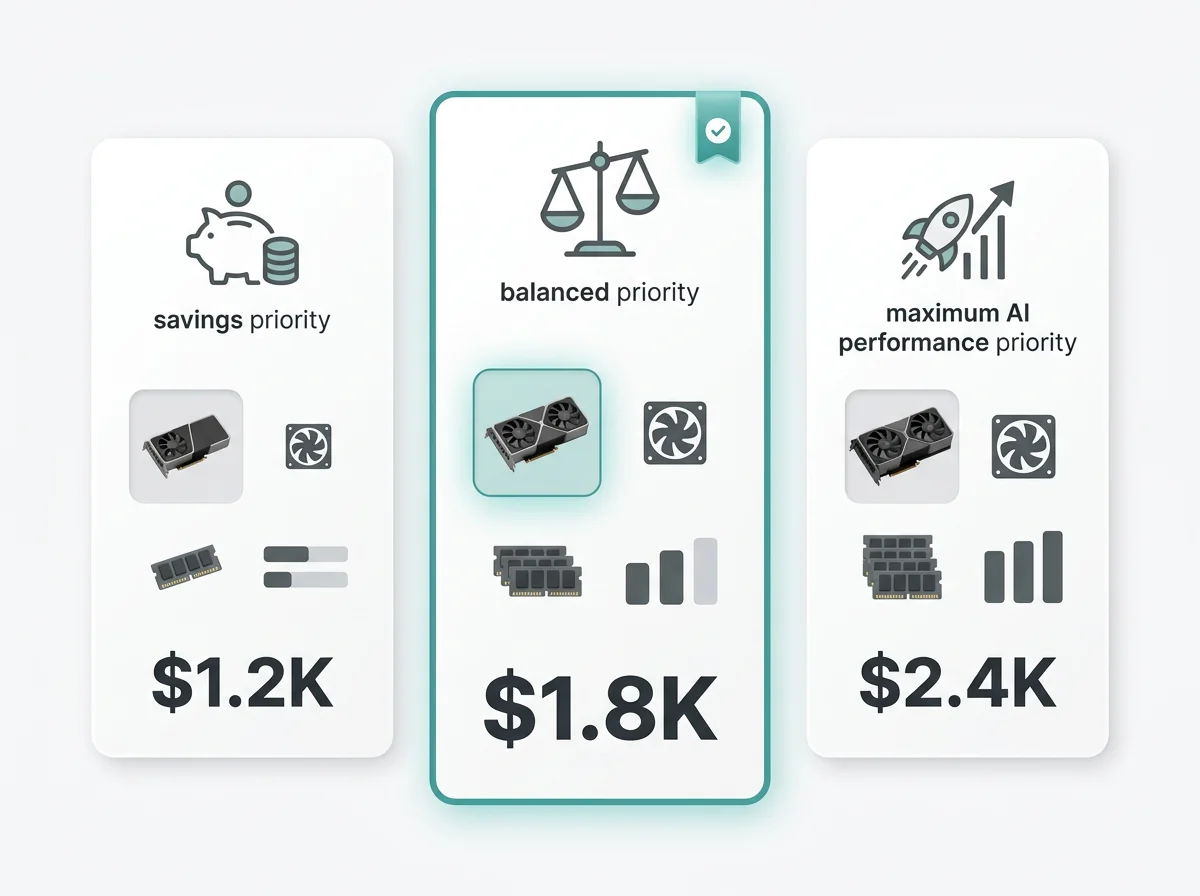 Three PC build proposals comparing savings, balanced, and maximum performance priorities