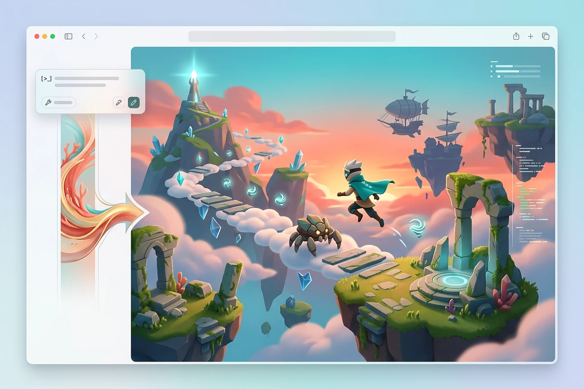 自然言語のプロンプトから生成された、空に浮かぶ島を舞台にした遊べるファンタジーゲームサイト。