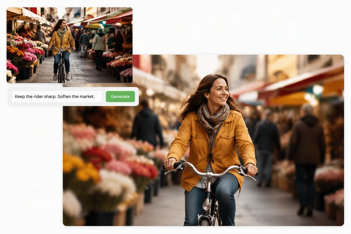 A cyclist kept sharp while a busy flower market becomes soft photographic bokeh