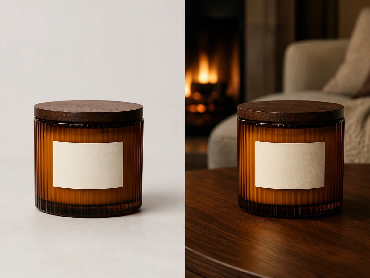 Ribbed amber candle jar shown in a neutral studio and a cozy dusk living room