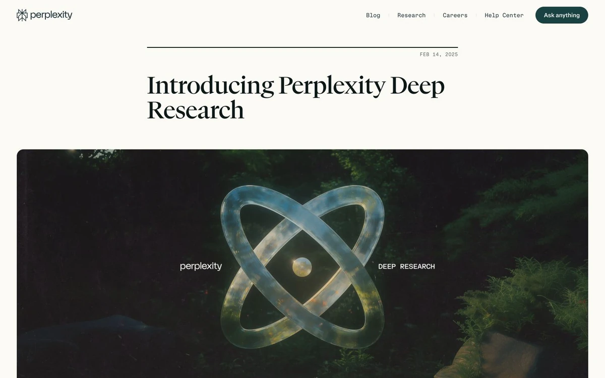 Perplexity official Deep Research page explaining multi-step searches, source reading, and comprehensive reports