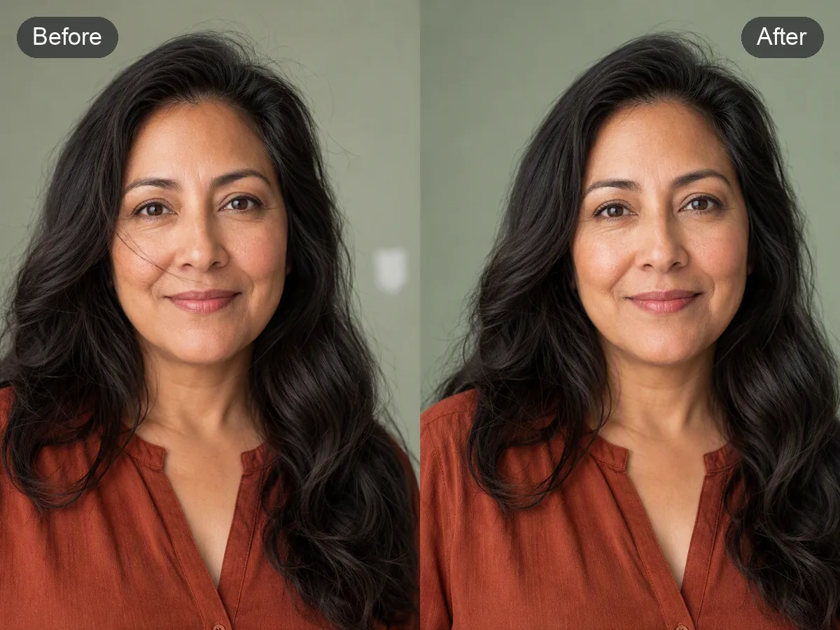 Before-and-after portrait retouching comparison of the same woman with balanced tone and natural features
