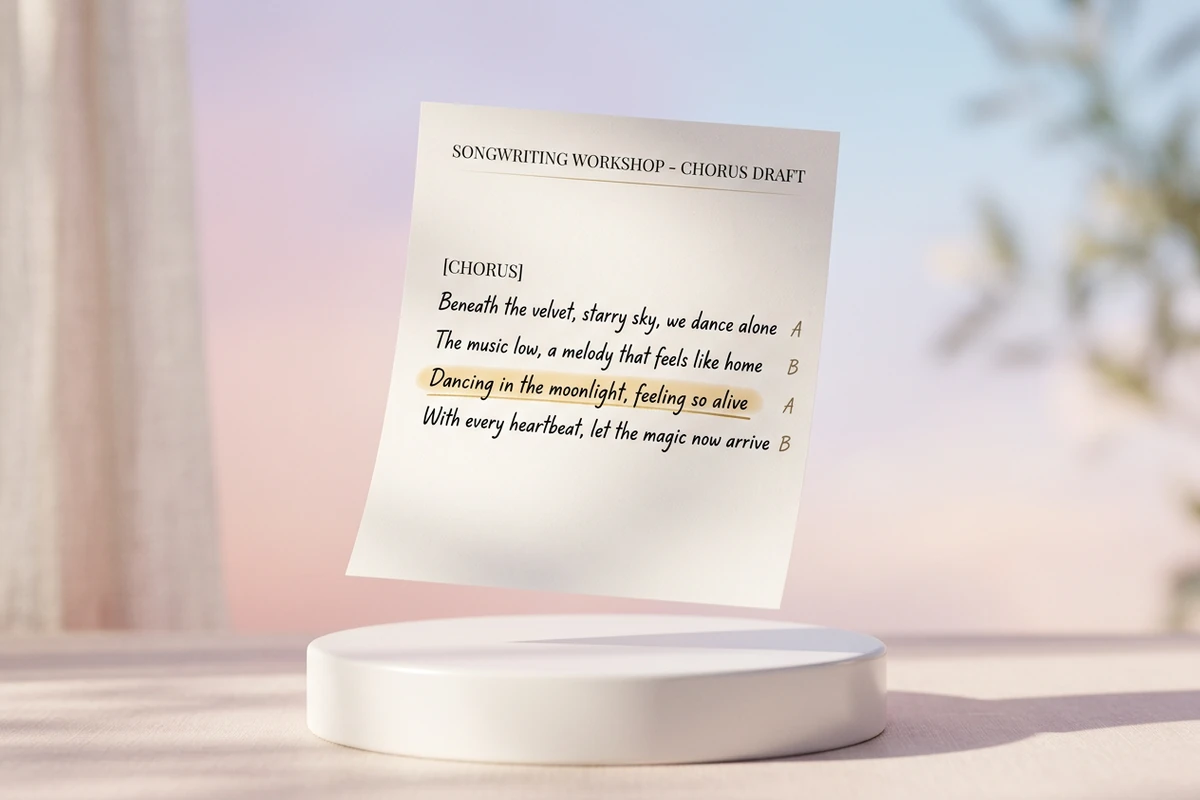 Chorus lyric sheet with a highlighted hook line and rhyme labels on a floating page