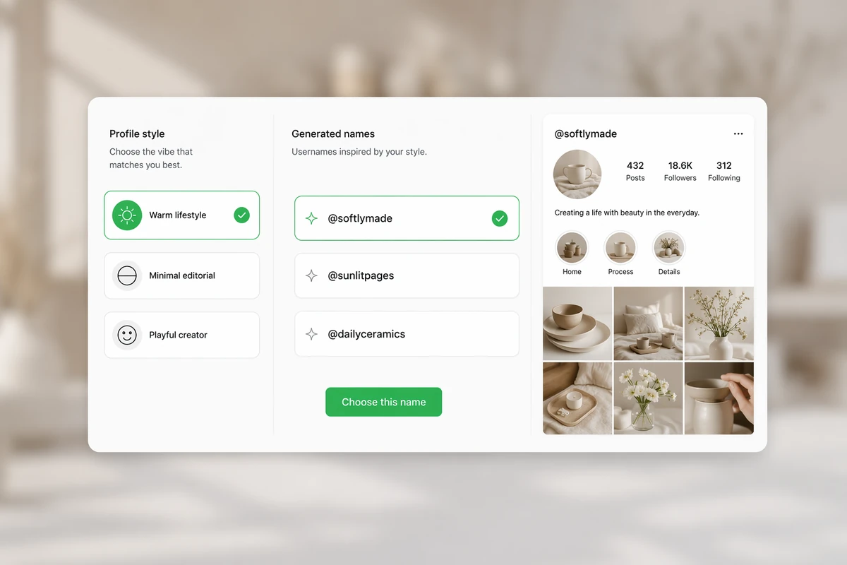 Profile style choices connected to Instagram username options and a creator profile preview